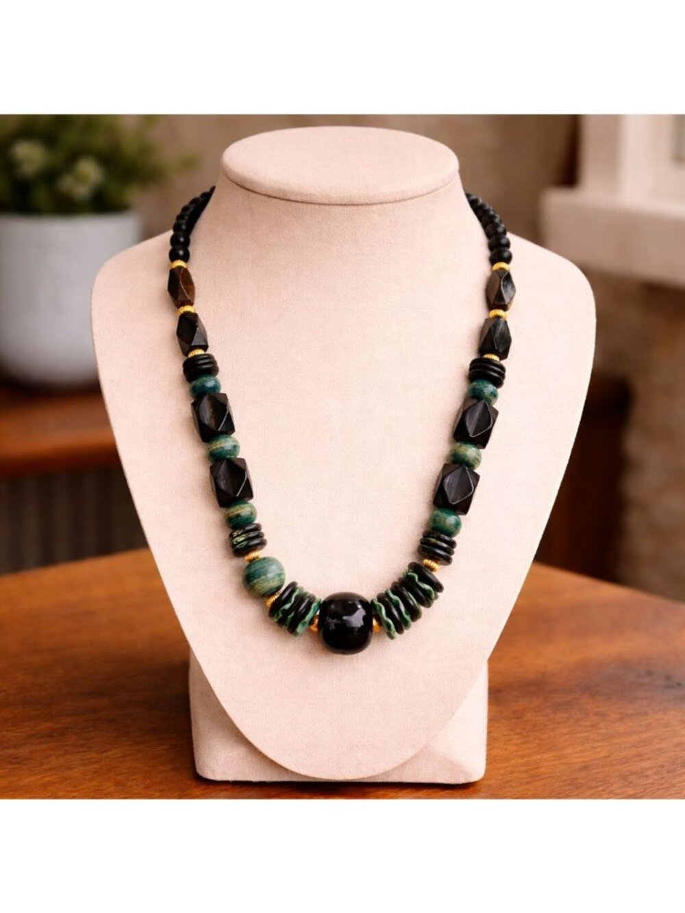Brown and Green Beaded Necklace Gold Tone Accents Boho Chic Statement